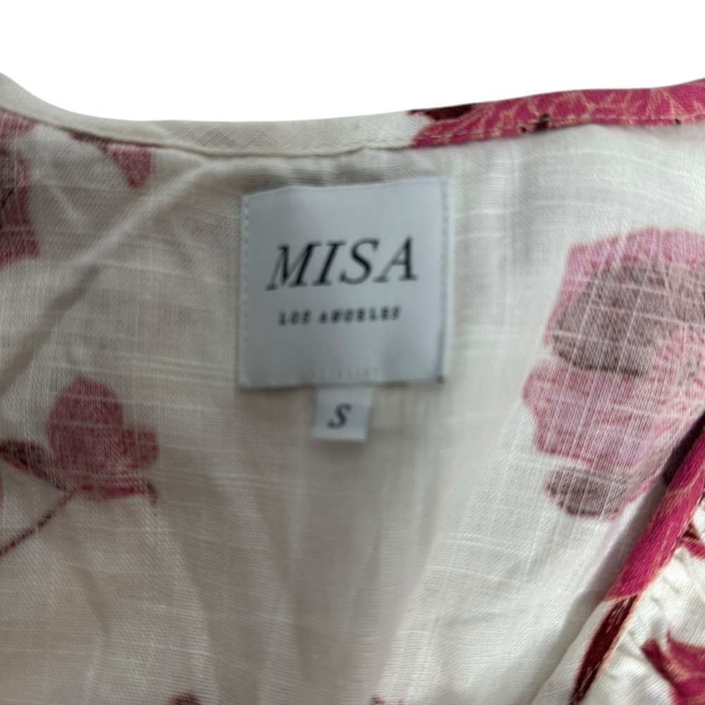 MISA Dress Small White Pink Thora Floral Ruffle Mini Wrap Abstract Peony  small - Picture 5 of 12